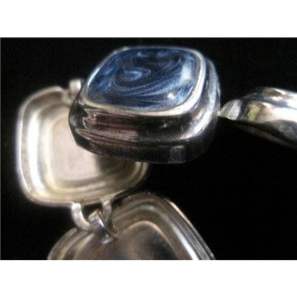 Modernist Sterling Silver & Marbled Deep Blue Enamel Signed Square Link Bracelet - Picture 8 of 10